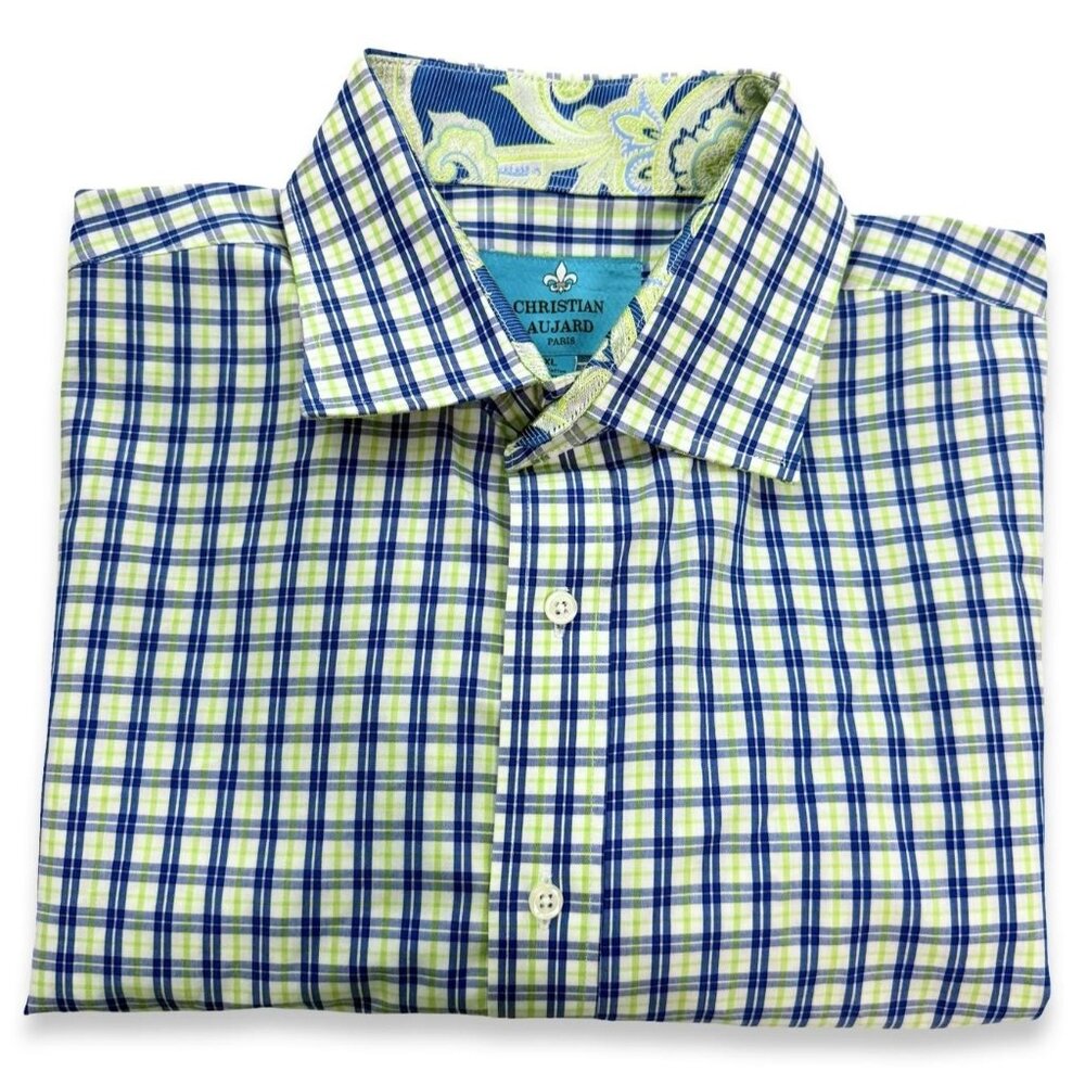 Christian Aujard Shirt Mens‎ XL Plaid Preppy Flip Cuff Button Up Blue Green Work
